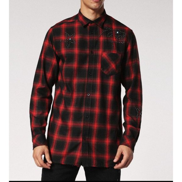 $228 Diesel Men’s Prof Shirt Long Sleeves Red Black Check Size XL - Picture 6 of 7